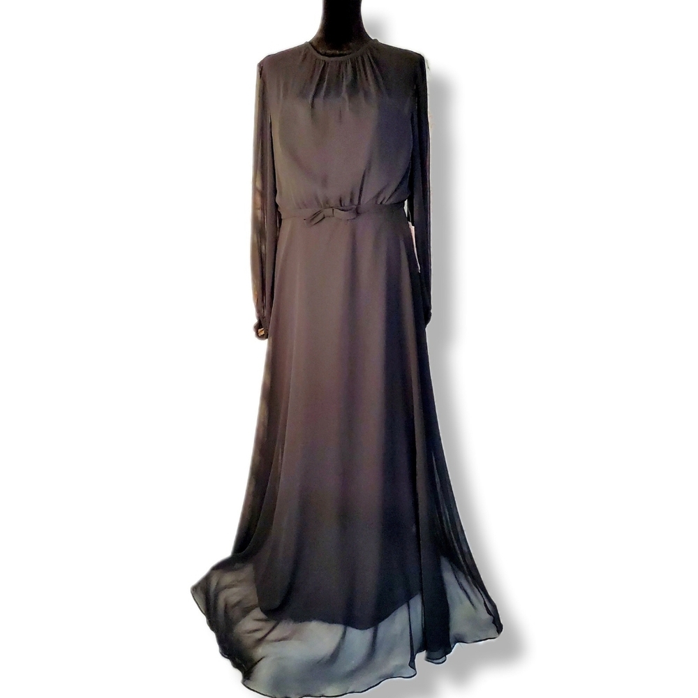 NWT Dessy Collection Strapless Chiffon Puff Sleeve Blouson Overlay Gown Sz 12